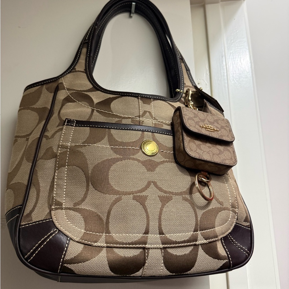 Coach Tan and Brown Signature Shoulder Bag